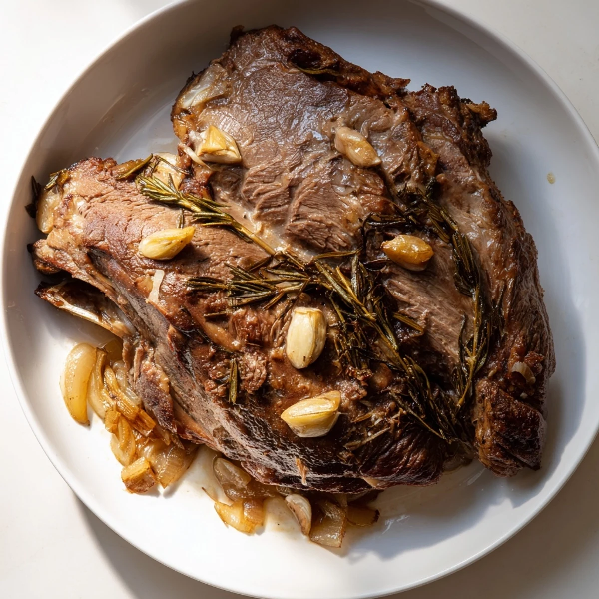 Slow cooked lamb shoulder glistening, served with tender potatoes and pan juices, perfect for a feast.