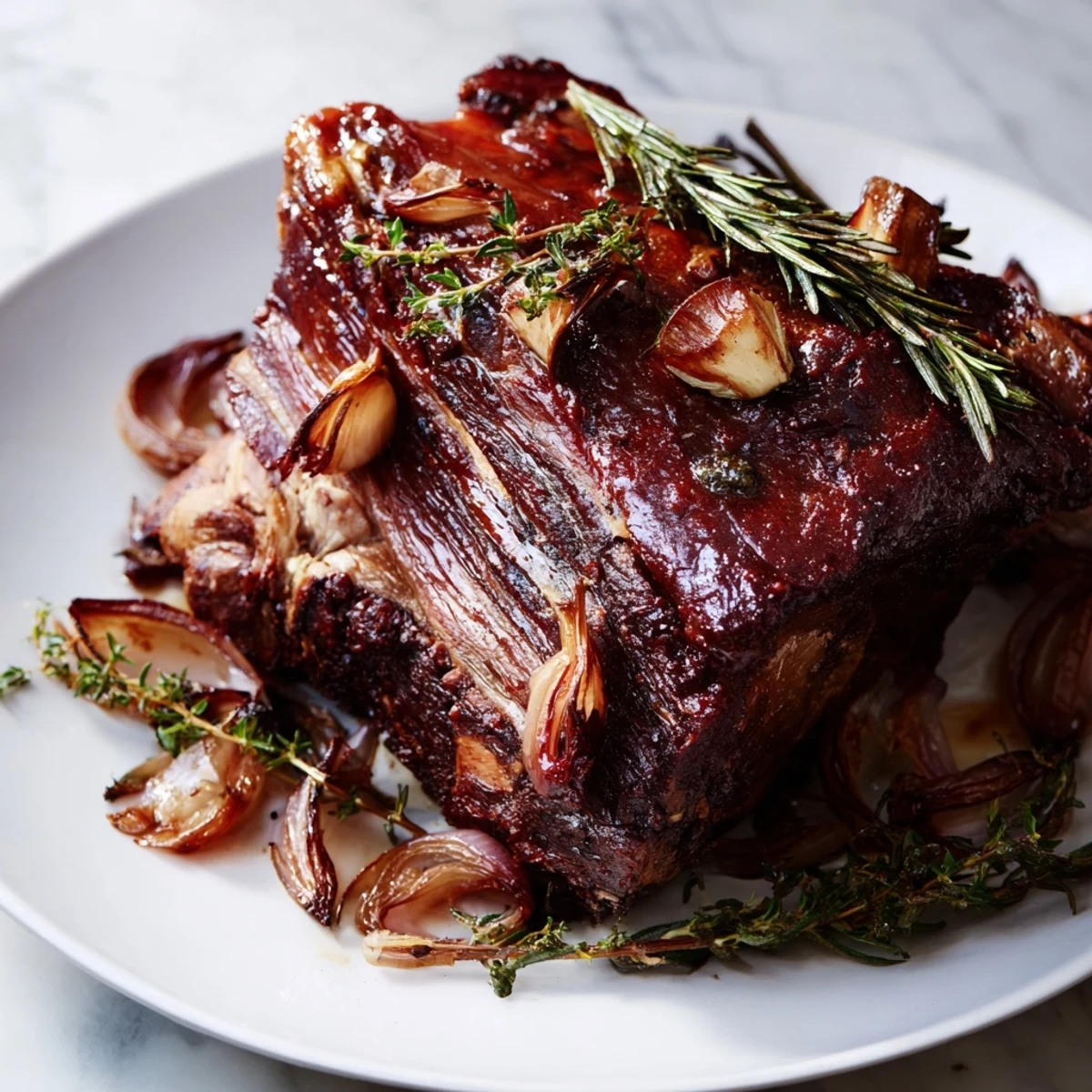 Rich, savory slow cooked lamb shoulder, aromatic from garlic and herbs, ready to be served with sides.