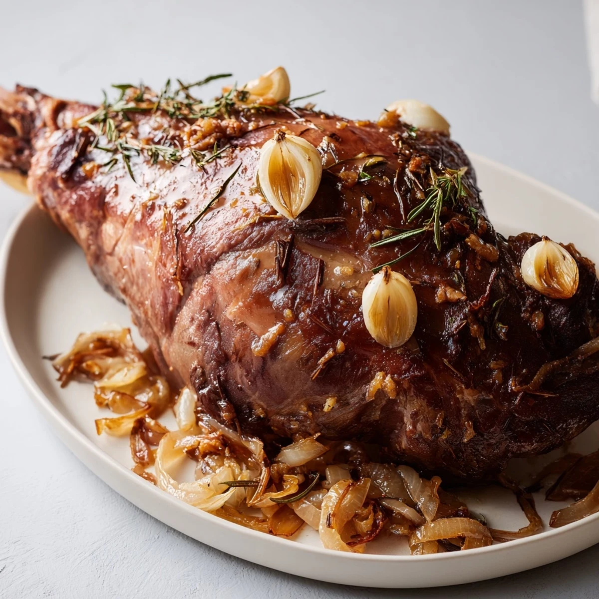 A close-up of tender slow cooked lamb shoulder, fall-off-the-bone, with visible garlic cloves and herbs.