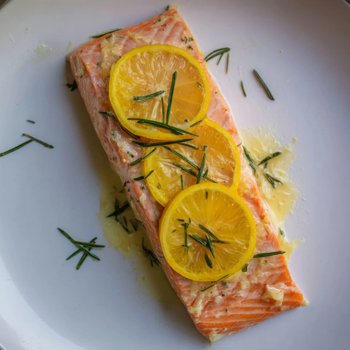 Golden baked salmon fillets glistening with lemon-dill butter, a delightful and healthy American dinner.