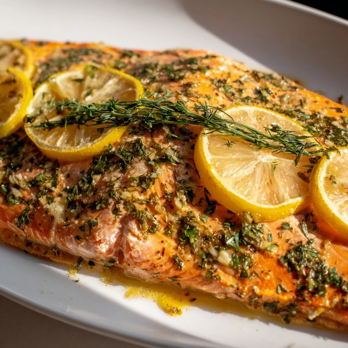 Close-up of succulent baked salmon with lemon and dill butter, perfect for a pescatarian meal.