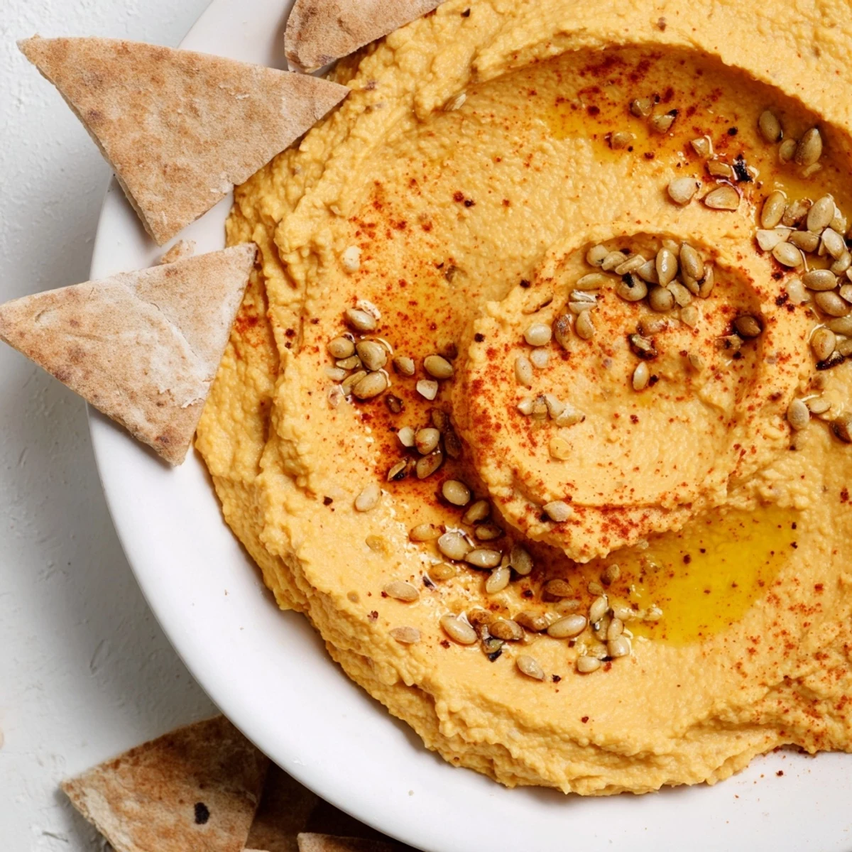 Creamy Spiced Pumpkin Hummus with toasted pita, a delicious autumn appetizer.