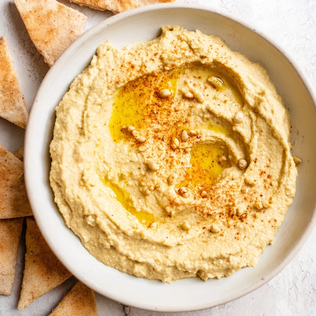 Vibrant orange Spiced Pumpkin Hummus, swirled with olive oil, ready to be scooped up.