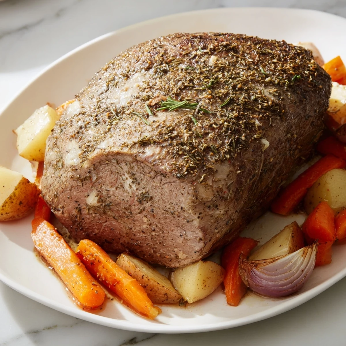 Golden-brown Meat Roasted sits atop roasted vegetables, promising a flavorful, hearty dinner experience.
