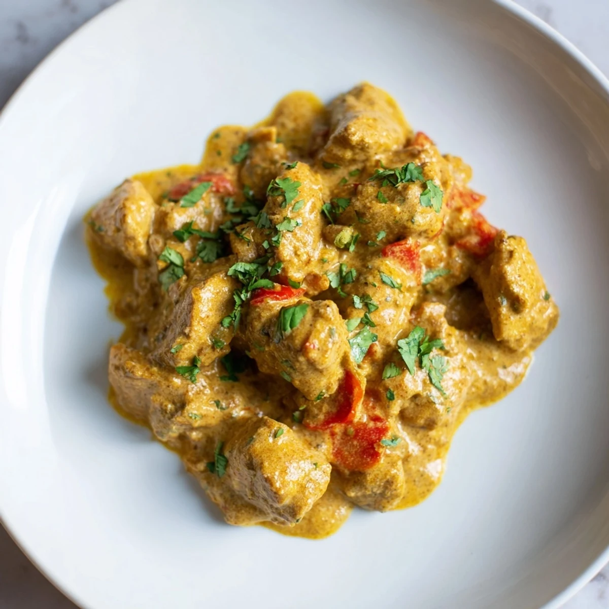 Creamy Chicken Curry, a delightful bowl of tender chicken swimming in a rich, flavorful sauce.