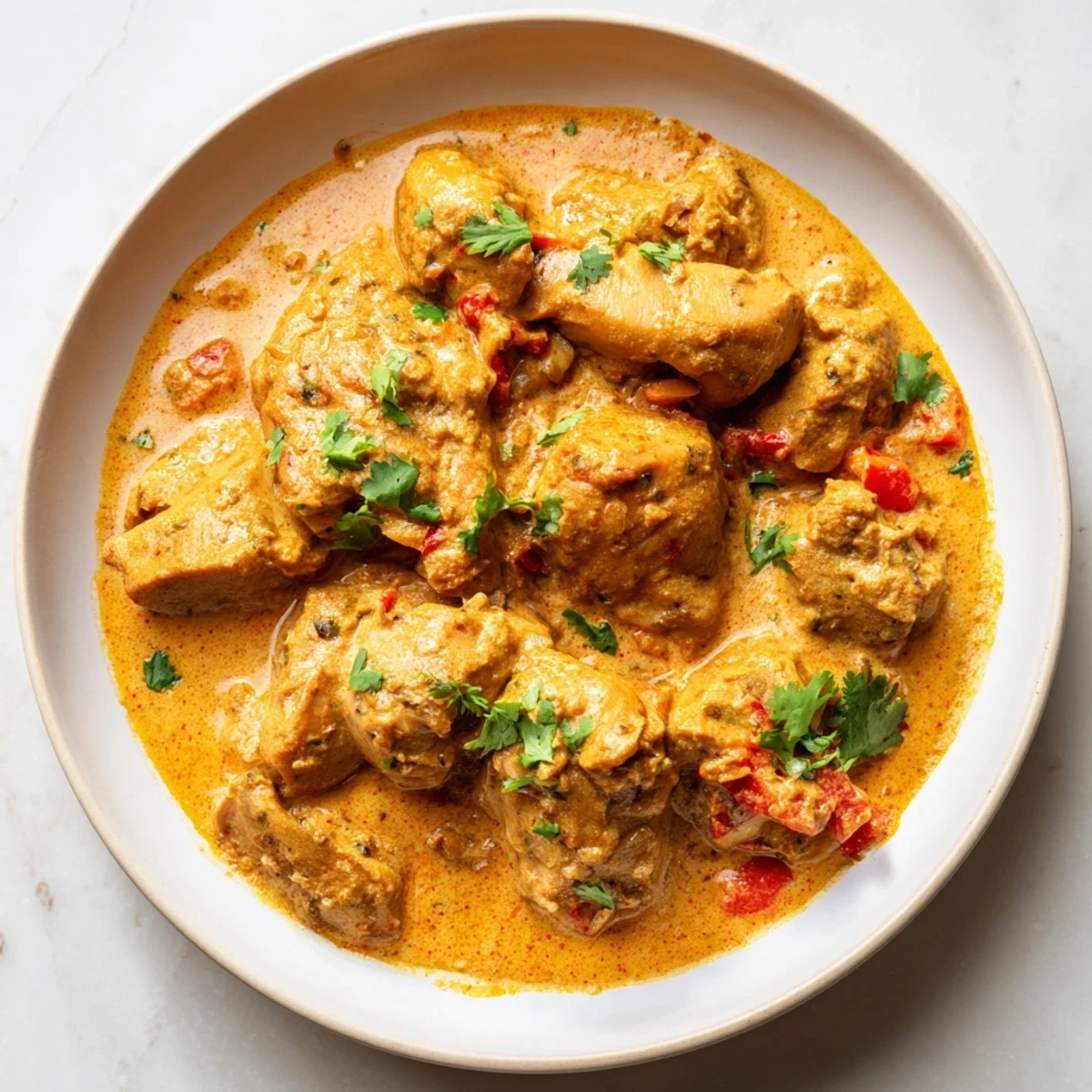 Garnished Creamy Chicken Curry showcasing a comforting meal featuring tender chicken and rich sauce.
