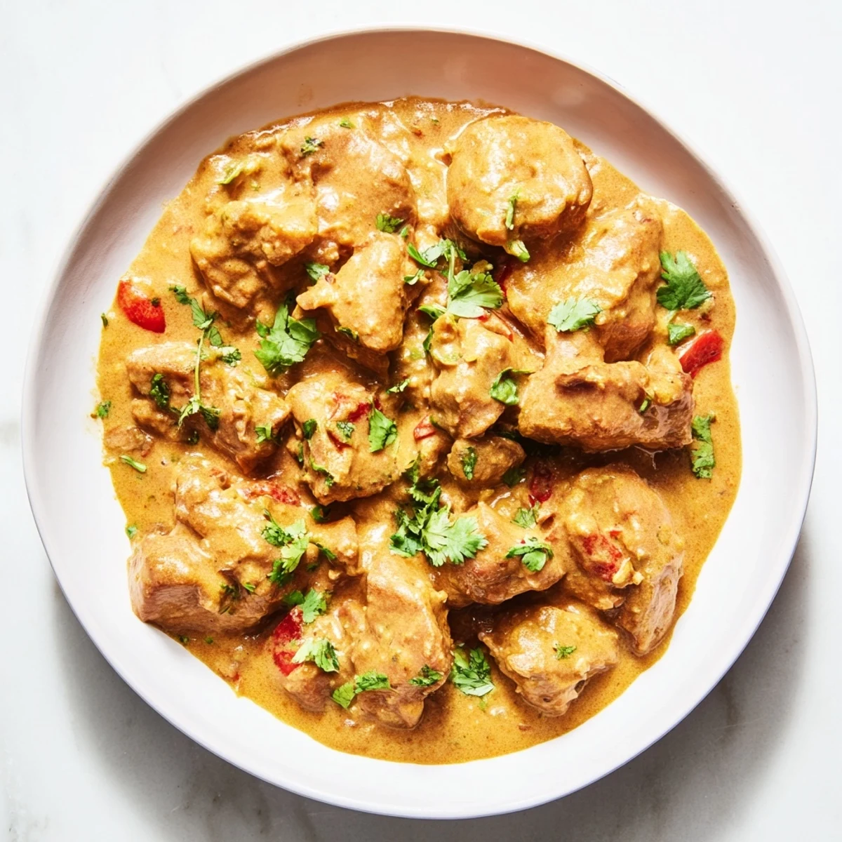 Vibrant photo: Hot, creamy Chicken Curry served with fluffy white rice, delicious Indian spices.