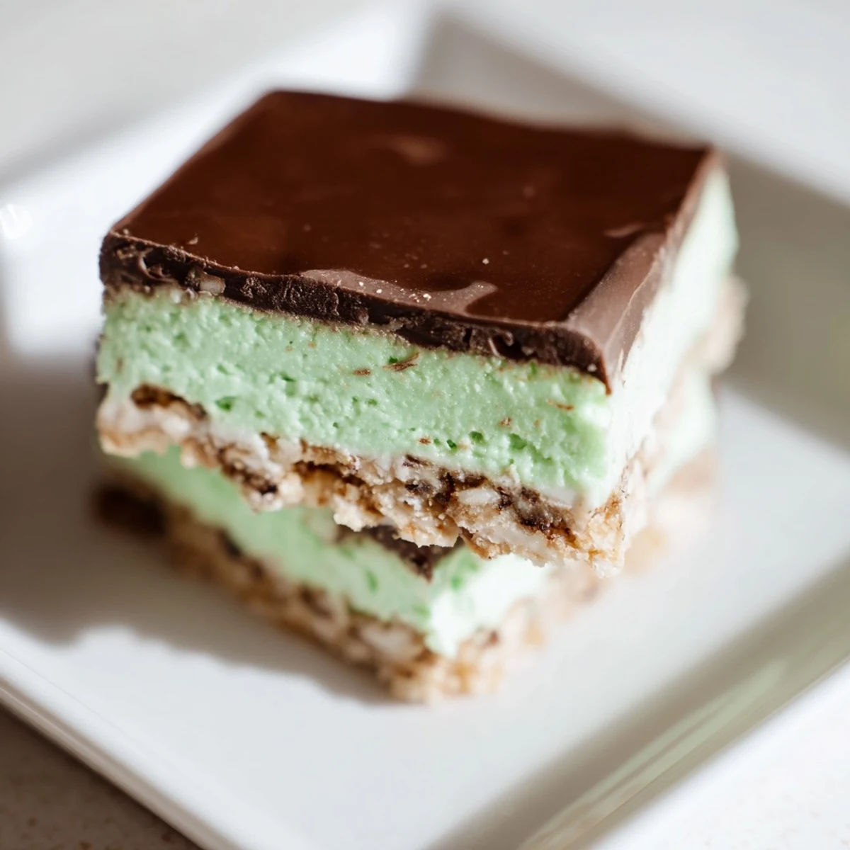 Creamy green peppermint filling beneath smooth chocolate atop a gorgeous Peppermint Slice square.