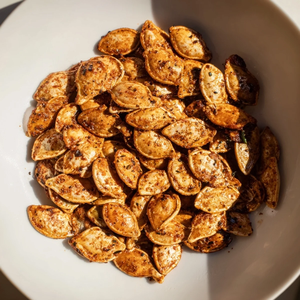 Golden, crispy roasted pumpkin seeds, ideal for snacking, with savory seasoning flavors.