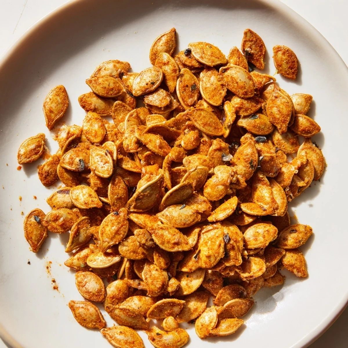 Close-up of golden brown roasted pumpkin seeds, a simple and delicious American snack recipe.
