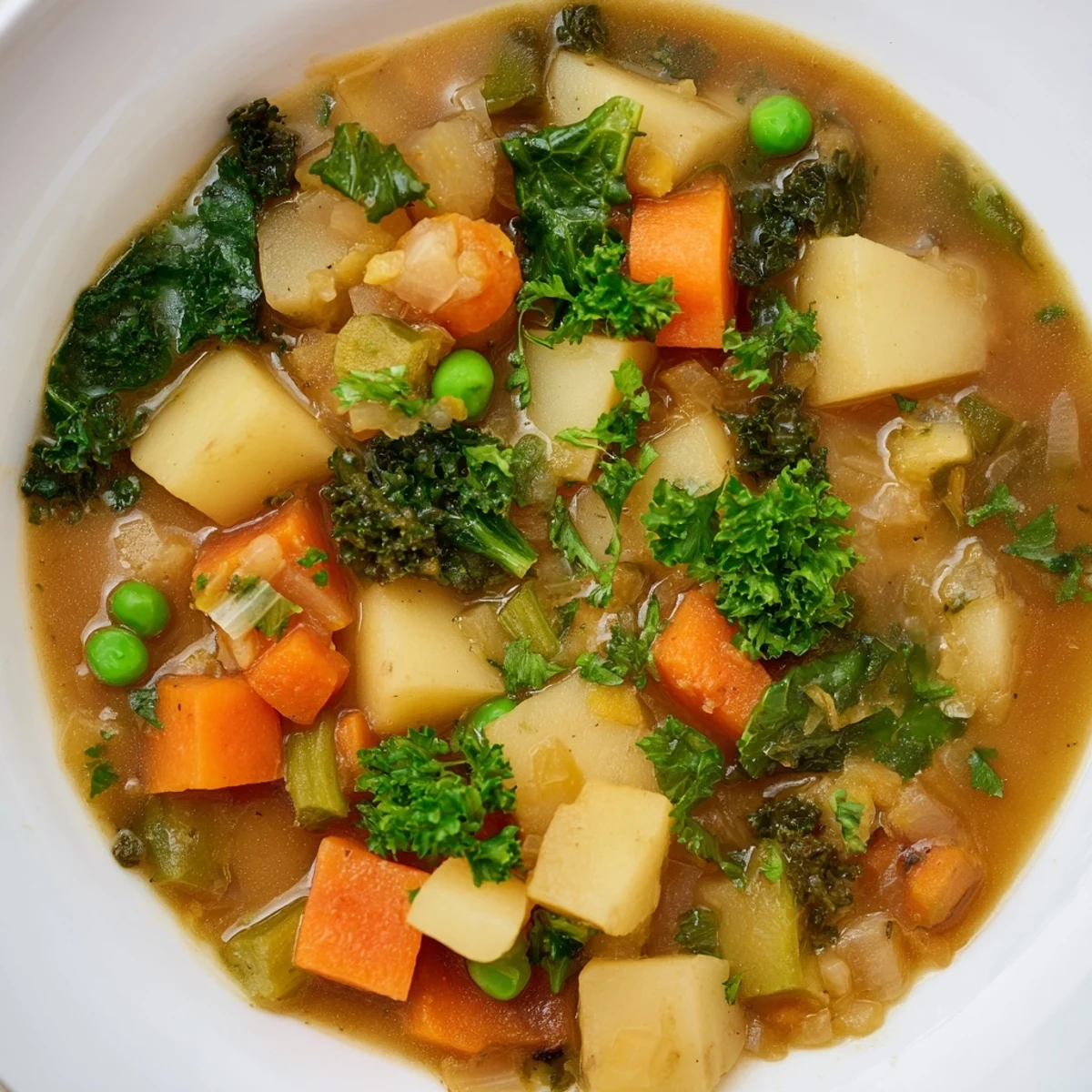 A close-up of a rustic, warming Winter Vegetable Stew, perfect for a cozy, cold evening.