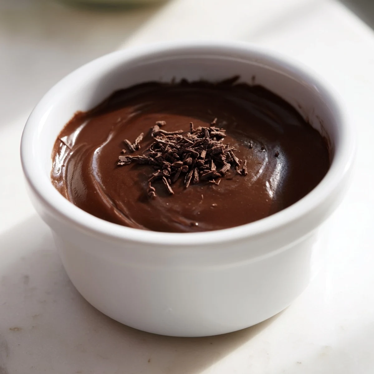 A bowl of luscious dark chocolate pudding, a creamy, decadent dessert ready to enjoy.