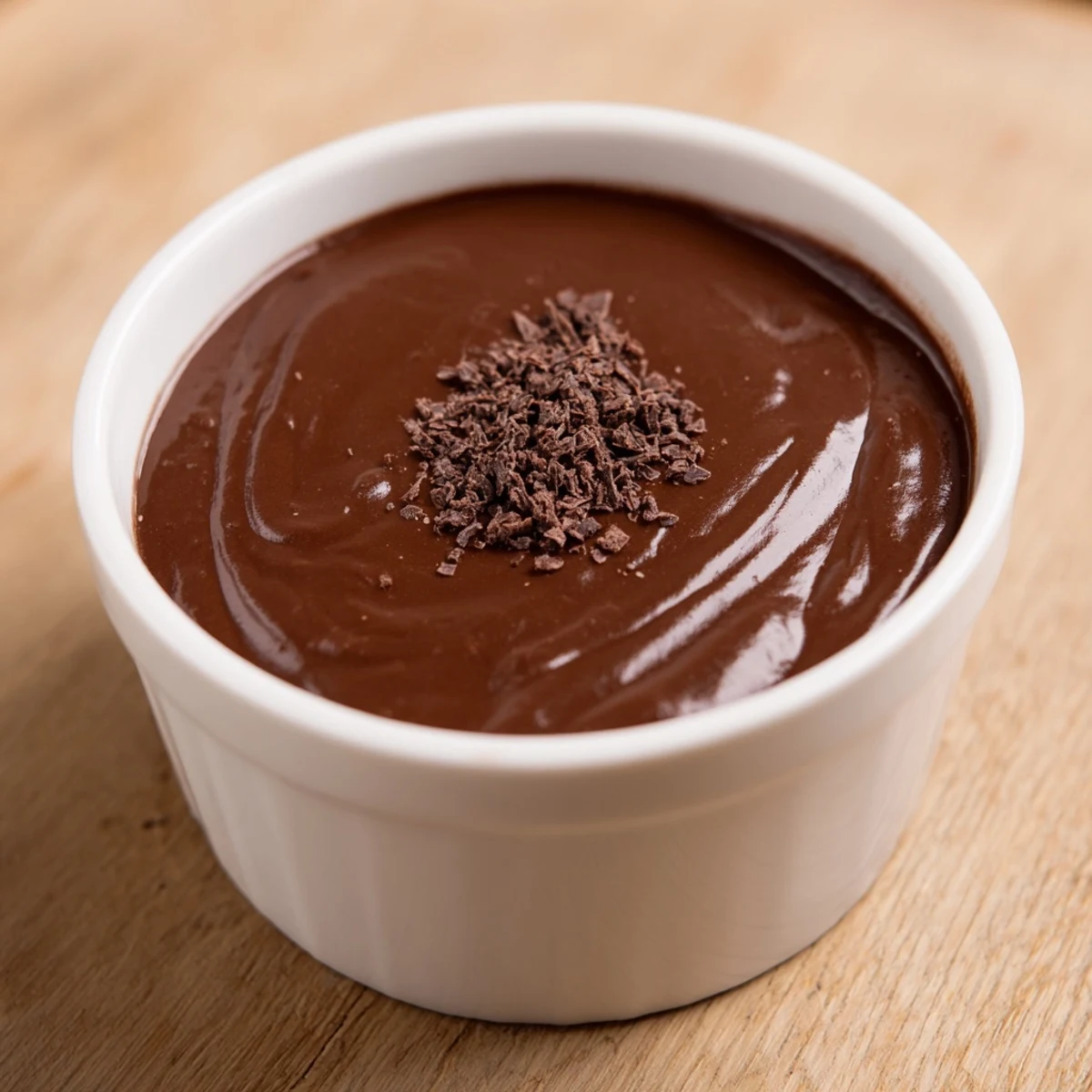 Silky smooth dark chocolate pudding is swirled in a glass, ready for a sweet treat after dinner.