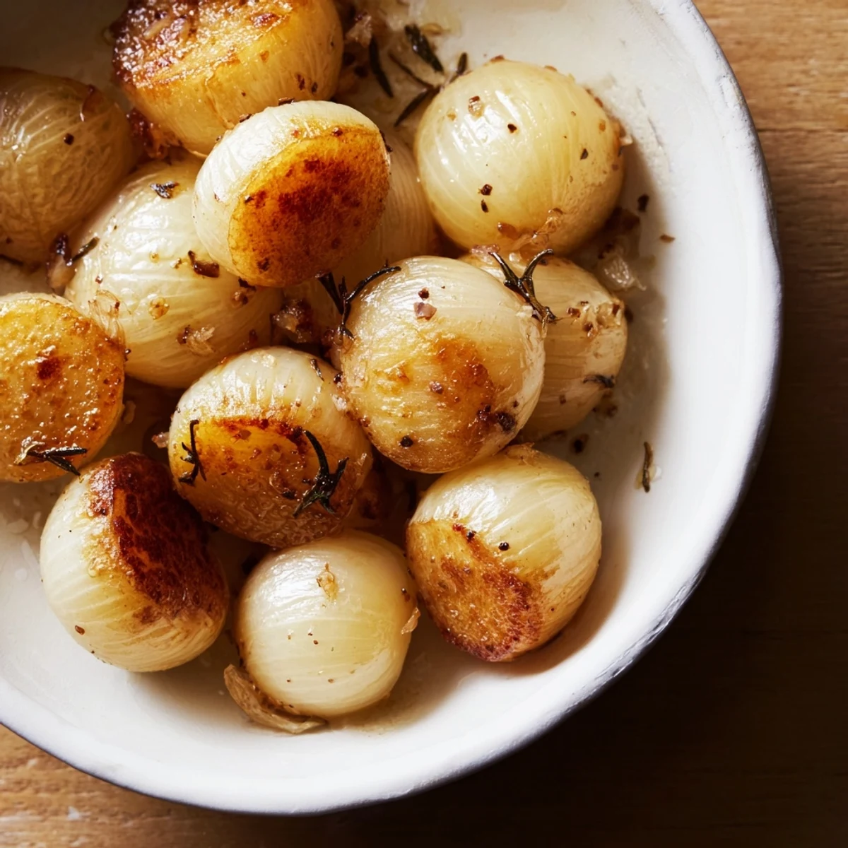 Golden, glazed Braised Onions simmering in a skillet, perfect for a cozy, flavorful side dish.