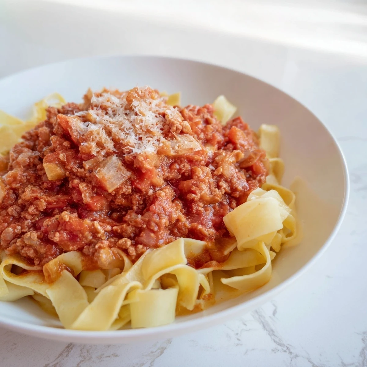 A close-up of Beef Bolognese, perfectly simmered with vegetables and herbs, is visually enticing.