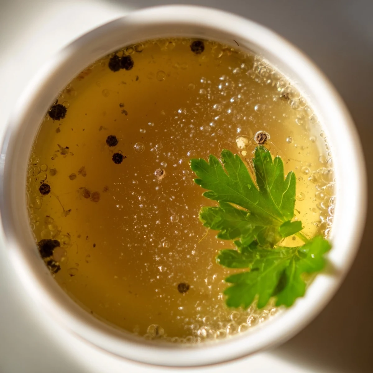 A close-up of a flavorful beef broth cup, perfect as a light, gluten-free starter.