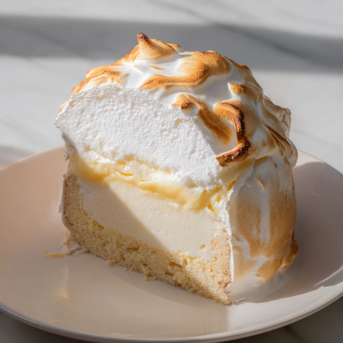 Golden brown Baked Alaska Slice with a creamy ice cream center, ready to be enjoyed.