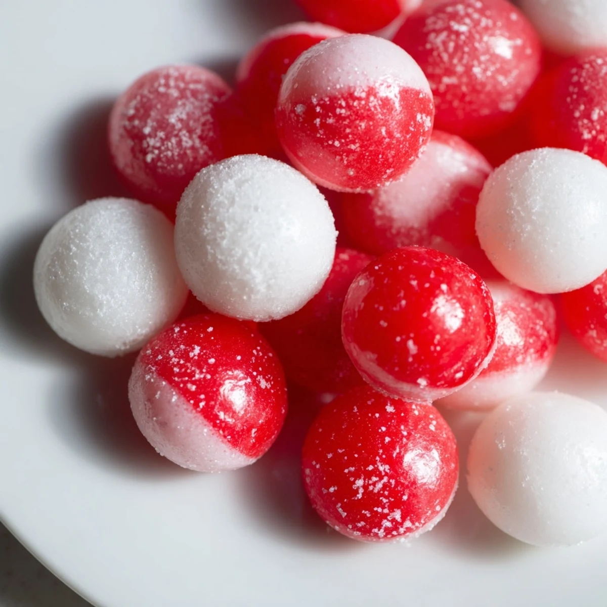 Vibrant red Peppermint Drop Candy, perfectly formed and dusted with powdered sugar, ready to eat.