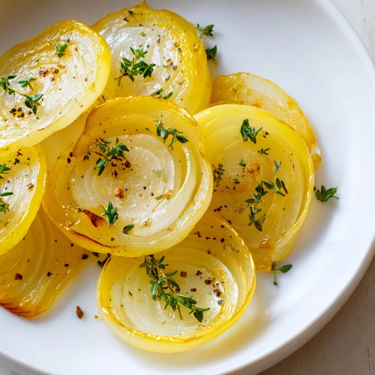 Golden-brown Roasted Onion Slices, tender and glistening, a flavorful vegan side dish ready to serve.