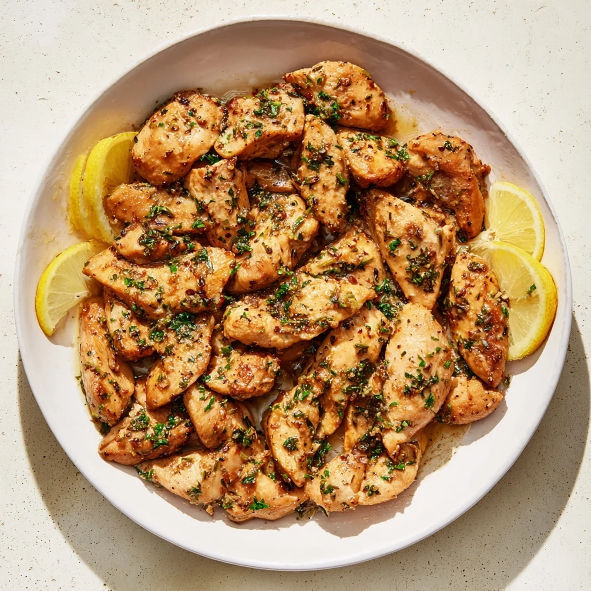 Enjoy a close-up of tender, juicy Garlic Skinless Chicken, perfectly marinated and served.