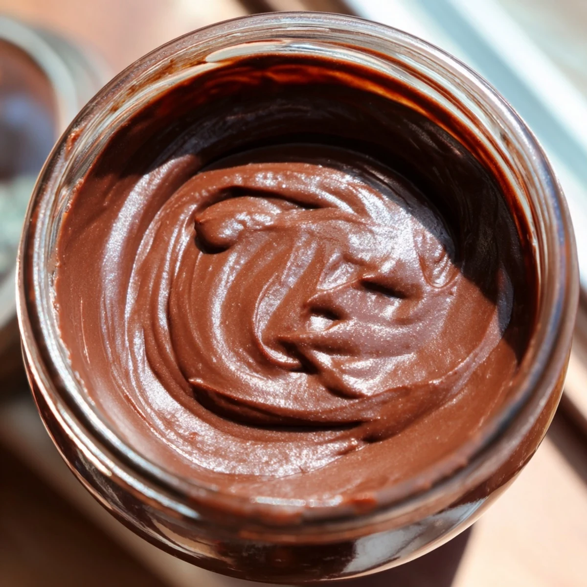 A jar of homemade chocolate spread, a smooth, rich topping for breakfast treats.