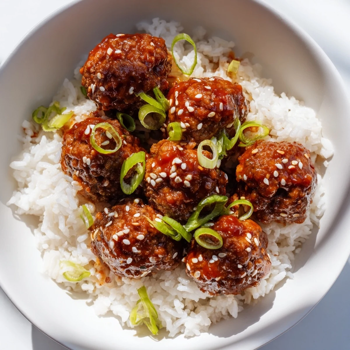 Steaming rice and spicy Sriracha beef meatballs, a vibrant, flavorful dish ready to enjoy.