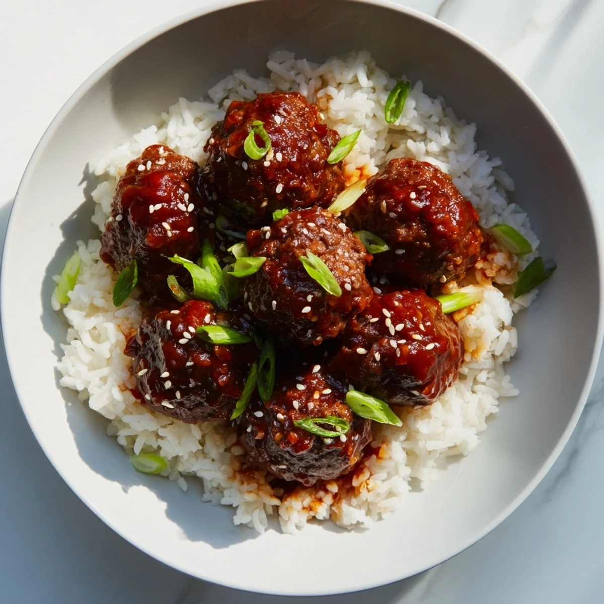 A delicious plate of Spicy Sriracha beef meatballs, perfect with fluffy rice, sprinkled with green onions.
