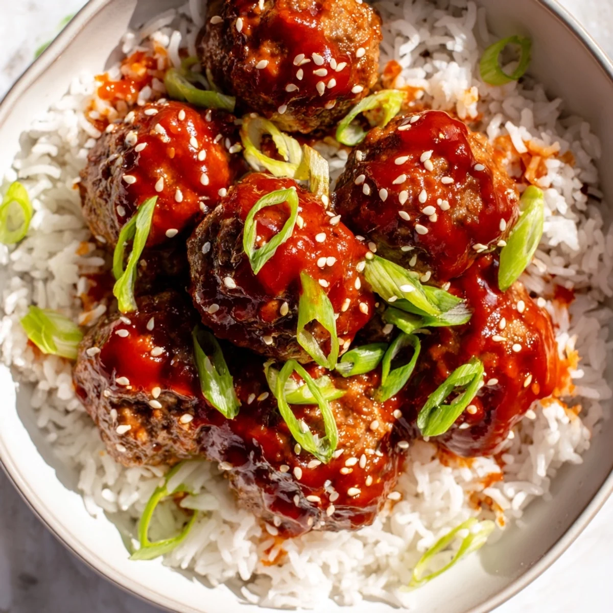 Close-up of succulent Spicy Sriracha beef meatballs glistening with sauce, resting atop white rice.