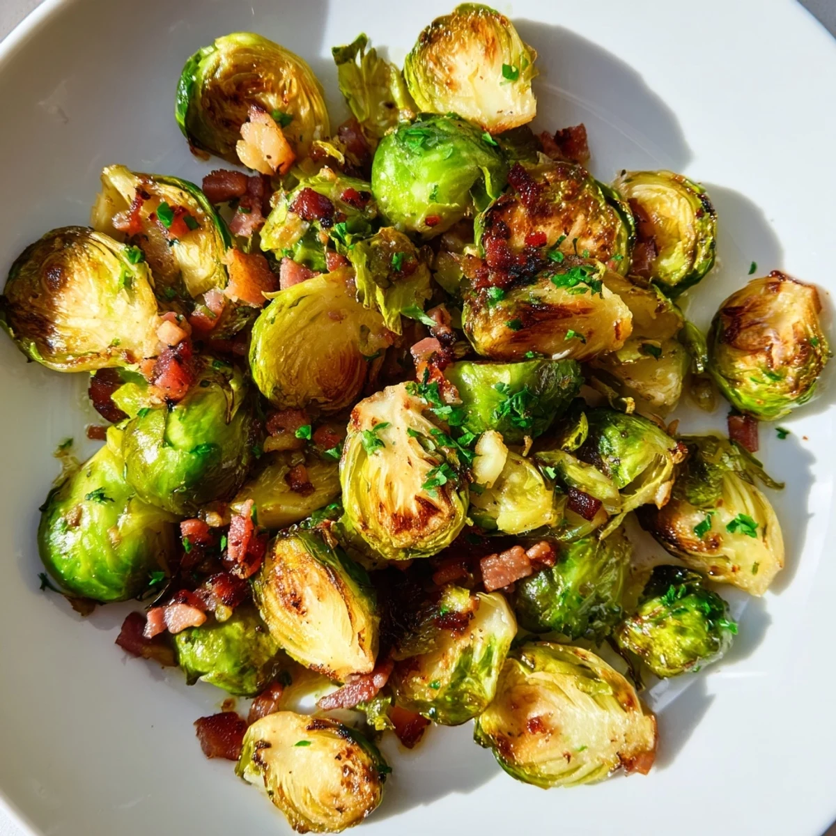 Golden-brown roasted Brussels sprouts with crispy turkey bacon, a flavorful, easy side dish.