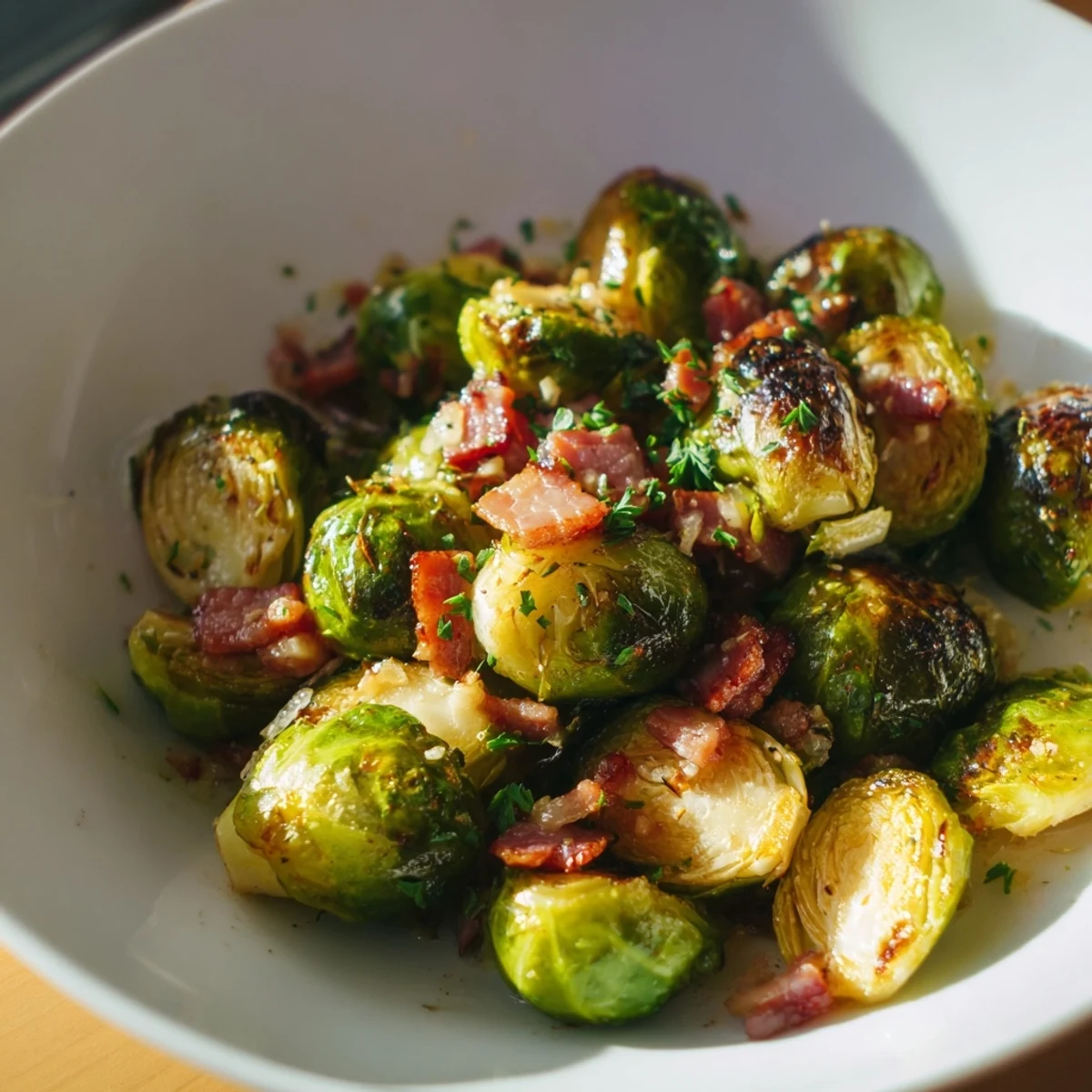 Close-up of savory Roasted Brussels Sprouts with Turkey Bacon, a delicious gluten-free and dairy-free side.
