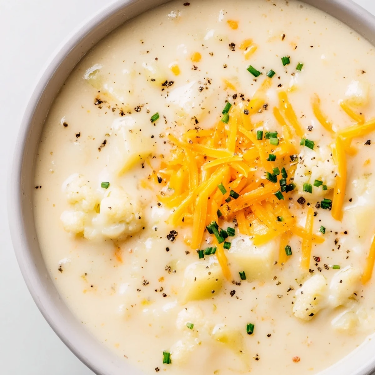 Creamy Cauliflower Chowder with Cheddar: a steaming bowl featuring melted cheddar and fresh chives, ready to eat.