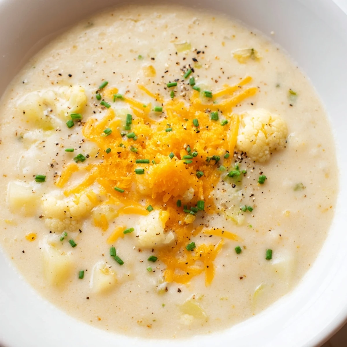 Garnish a bowl of creamy cauliflower chowder with cheddar to enjoy its hearty, rich flavor.