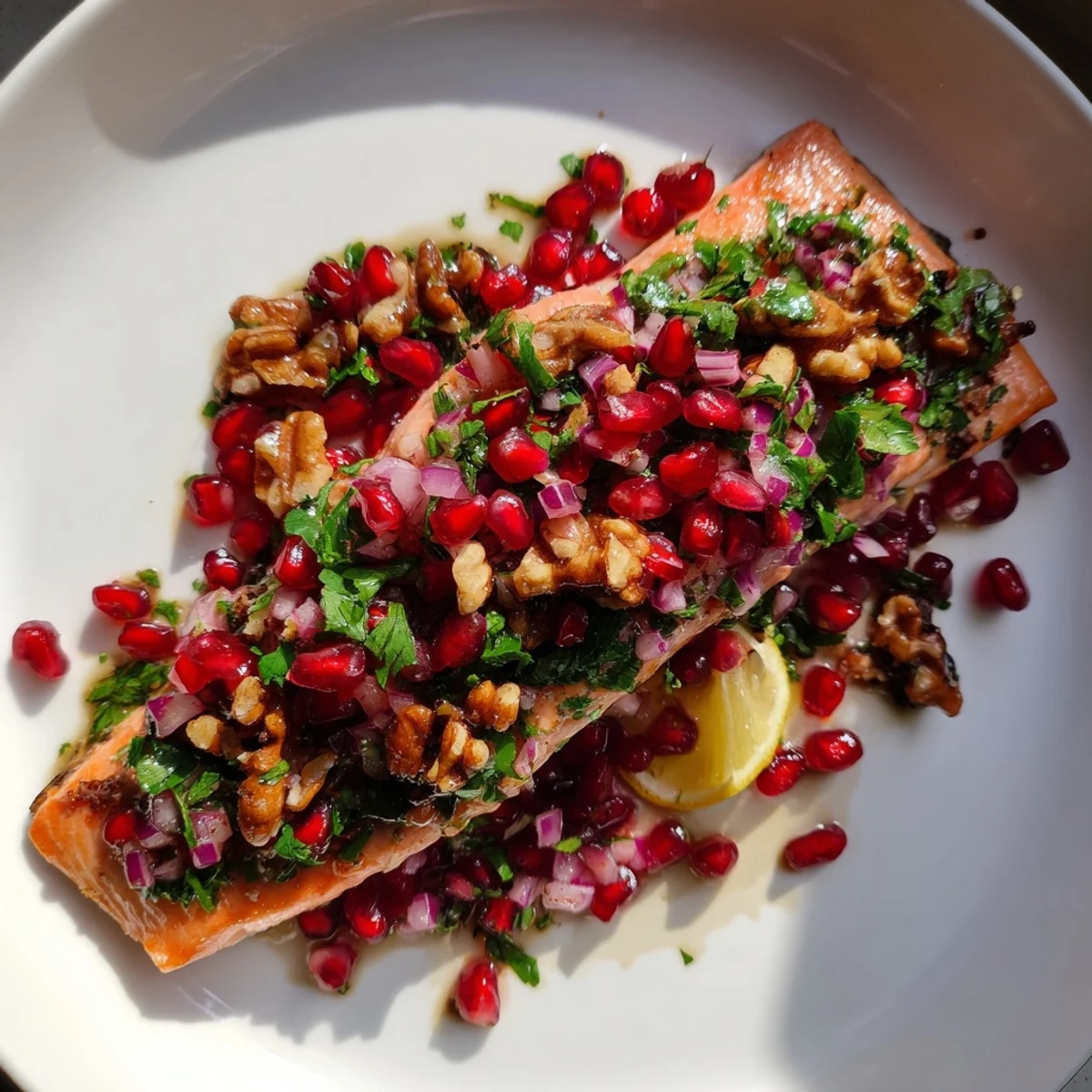 Baked salmon with pomegranate walnut salsa, vibrant red salsa crowning flaky, perfectly cooked salmon fillets.
