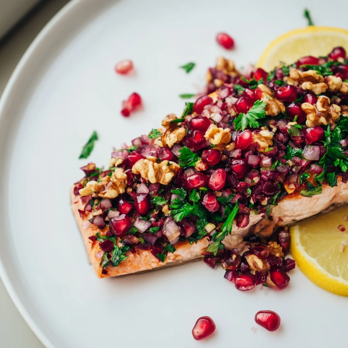Golden baked salmon with a colorful, fresh pomegranate walnut salsa; a delicious Mediterranean meal.