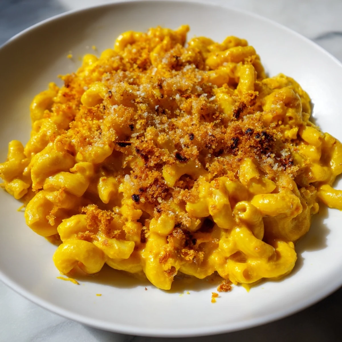 Golden-topped vegan butternut squash mac and cheese ready to serve, a flavorful family favorite.