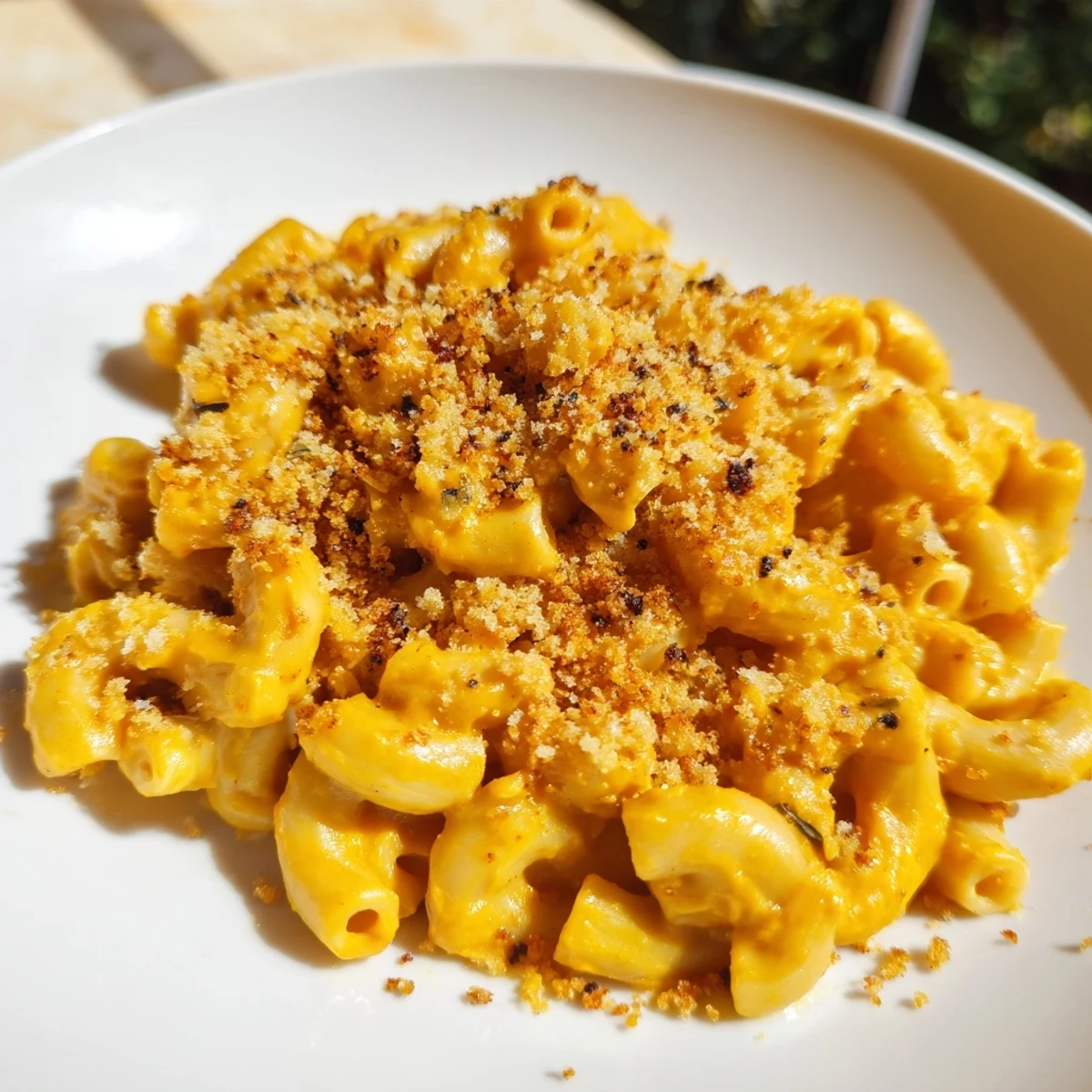 Vibrant image of vegan butternut squash mac and cheese with hints of orange, perfect for dinner.