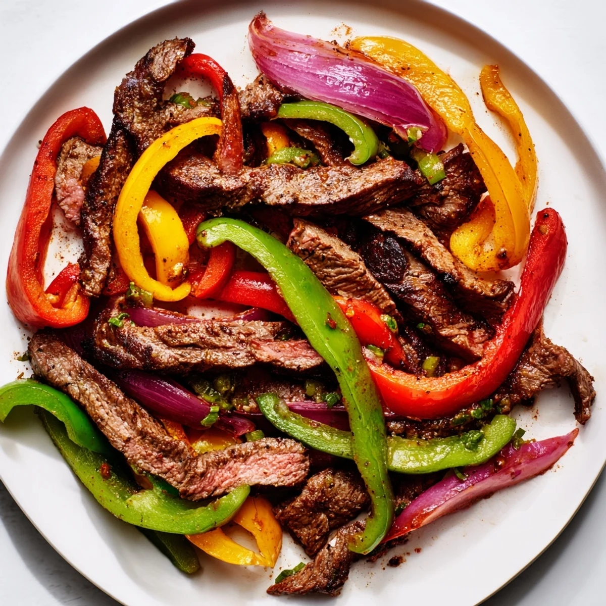 Sheet pan steak fajitas with sizzling steak, roasted peppers, and onions, ready for wrapping.