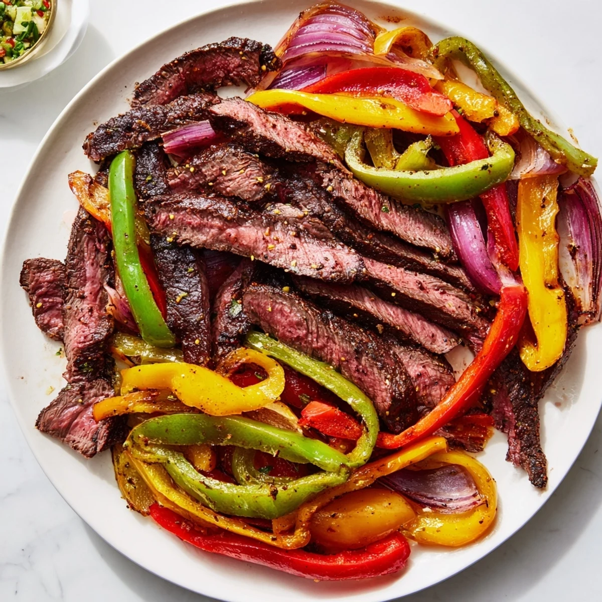 A delicious close-up of sheet pan steak fajitas ready to be filled into warm tortillas with toppings.