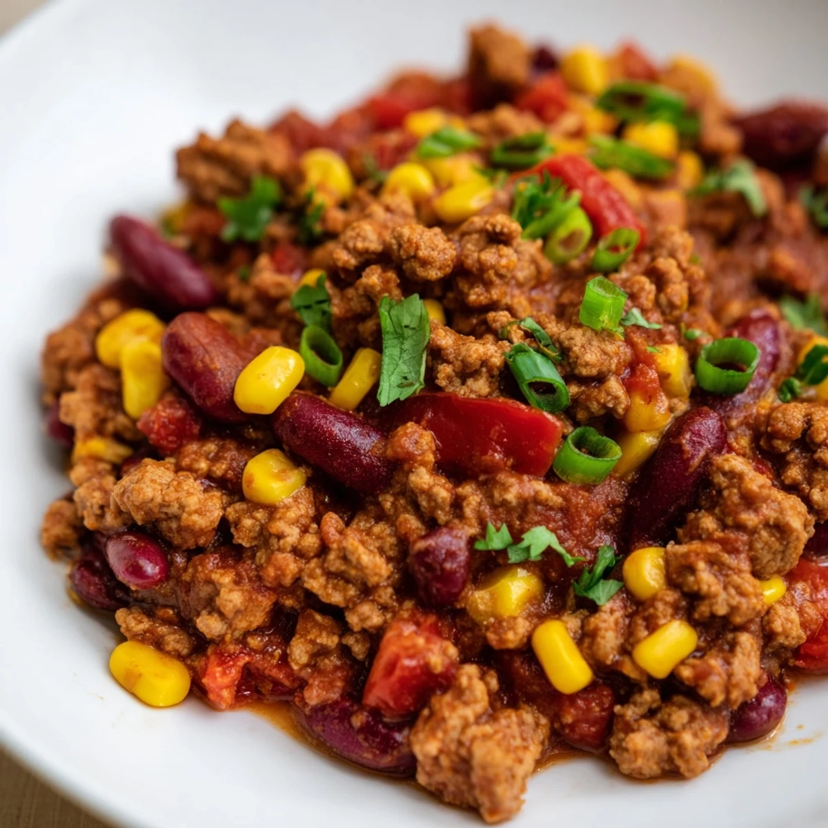 Steaming bowl of turkey chili with kidney beans, garnished and ready to eat.