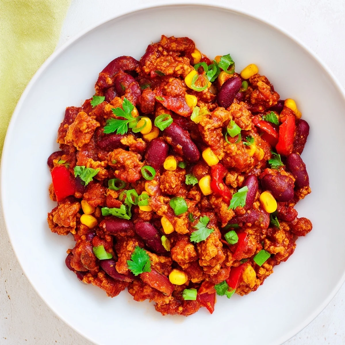A close-up of a delightful turkey chili featuring kidney beans, and sweet corn.