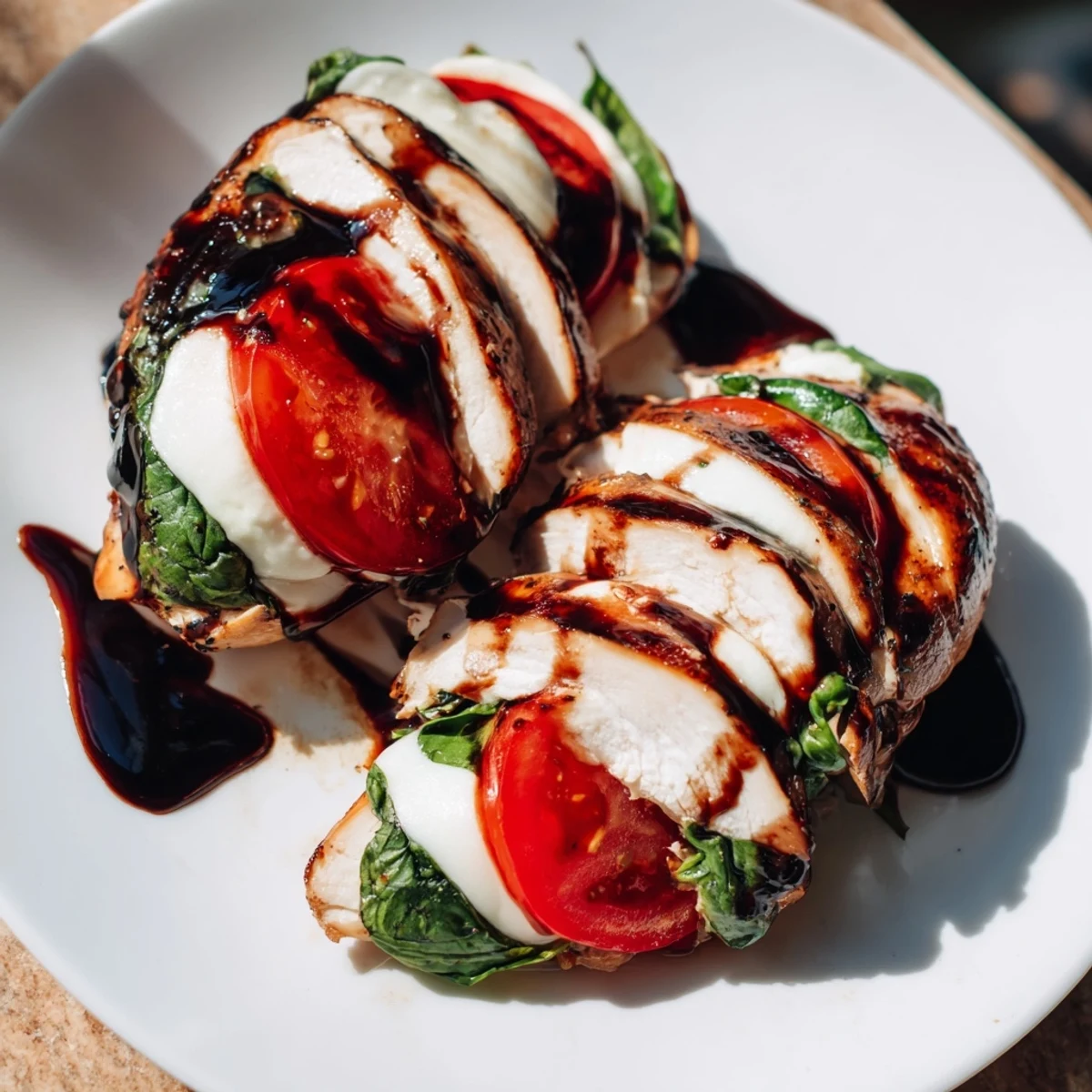 Juicy Caprese Stuffed Chicken Breast with melted mozzarella and ripe tomatoes, ready to serve with balsamic glaze.