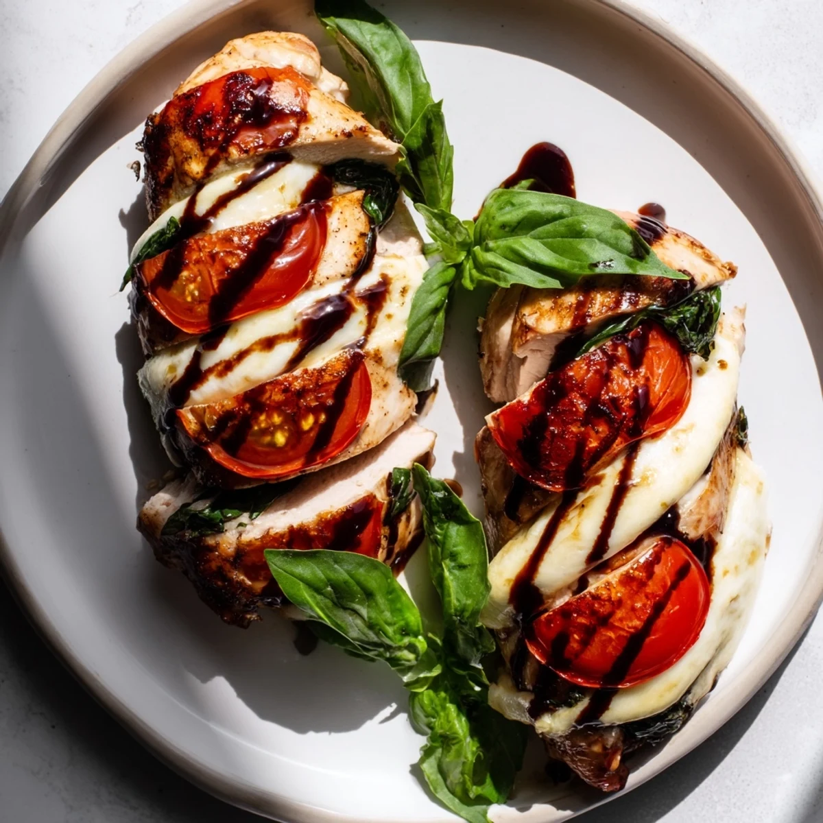 Perfectly baked Caprese Stuffed Chicken Breast, boasting vibrant red tomatoes, fresh basil, and a tangy balsamic drizzle.
