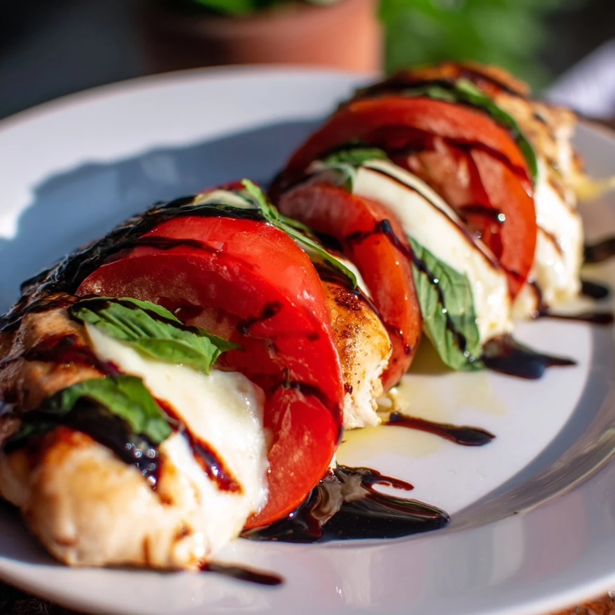 Close-up of golden-brown Caprese Stuffed Chicken Breast, showcasing its flavorful filling and rich Italian flavors.