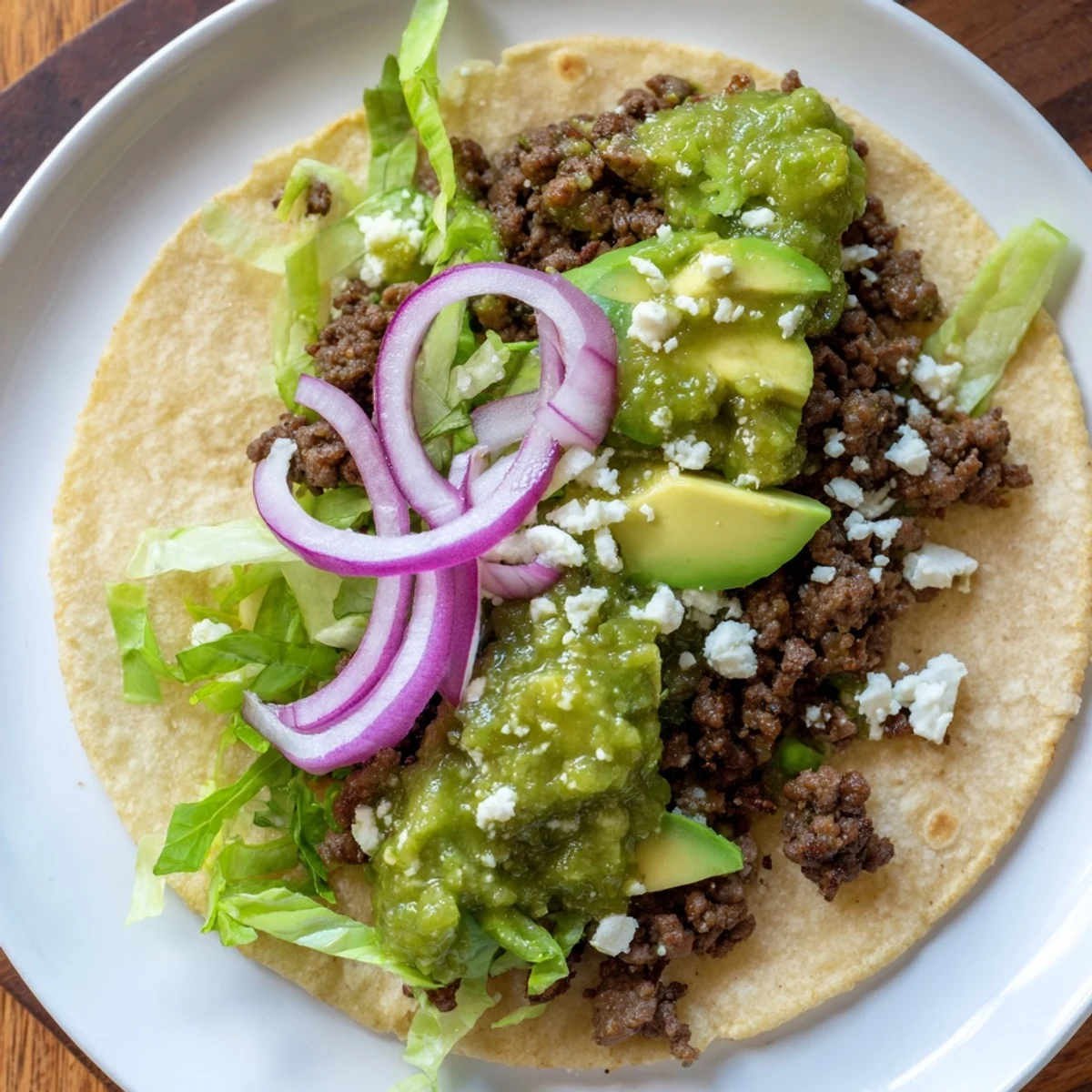 Warm tortillas overflowing with juicy beef tacos, vibrant salsa verde, and fresh avocado slices.