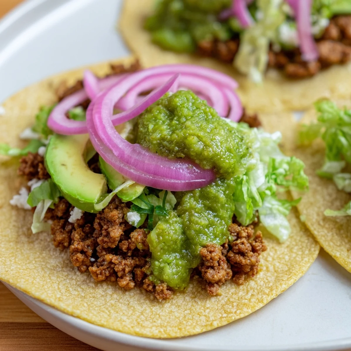 These easy-to-make beef tacos feature perfectly seasoned ground beef with a bright, zesty salsa verde.