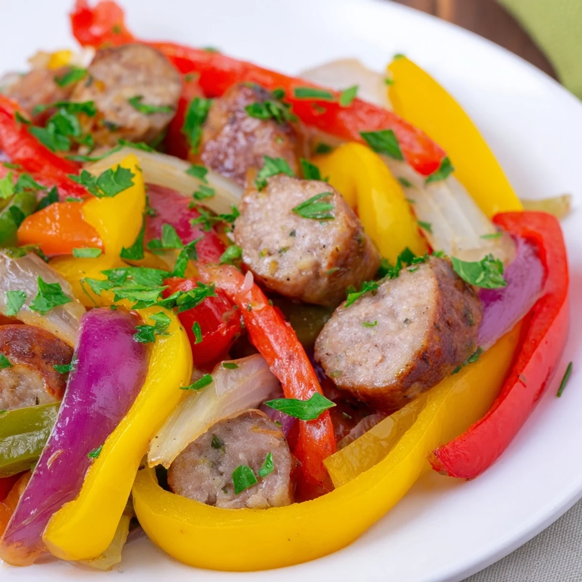 This vibrant turkey sausage and pepper skillet features tender sausage with colorful, caramelized bell peppers.