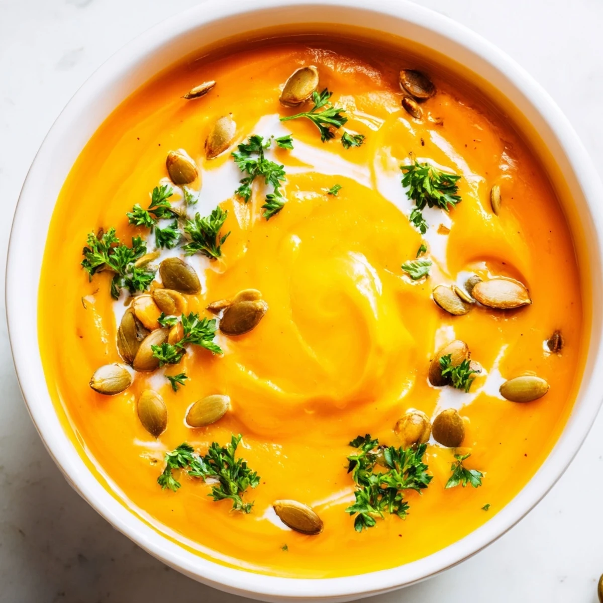 Creamy, smooth Roasted Butternut Squash Soup, garnished with fresh parsley and crunchy pepitas; perfect for dinner.