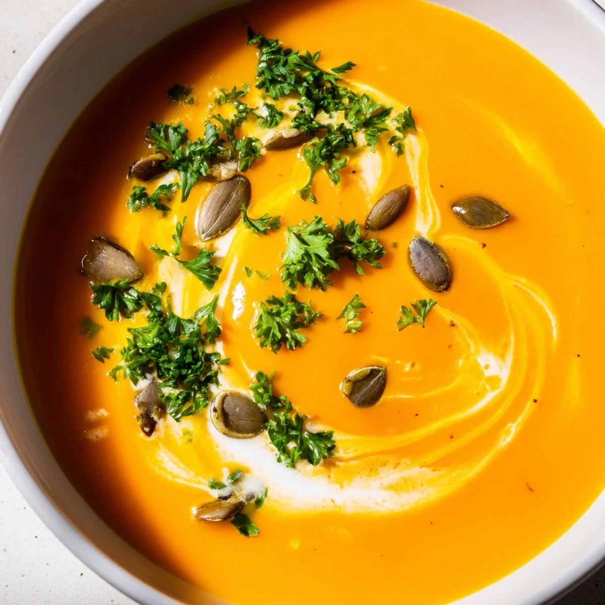 Steaming bowl of Roasted Butternut Squash Soup, with vibrant orange color and a swirl of cream, ready to serve.