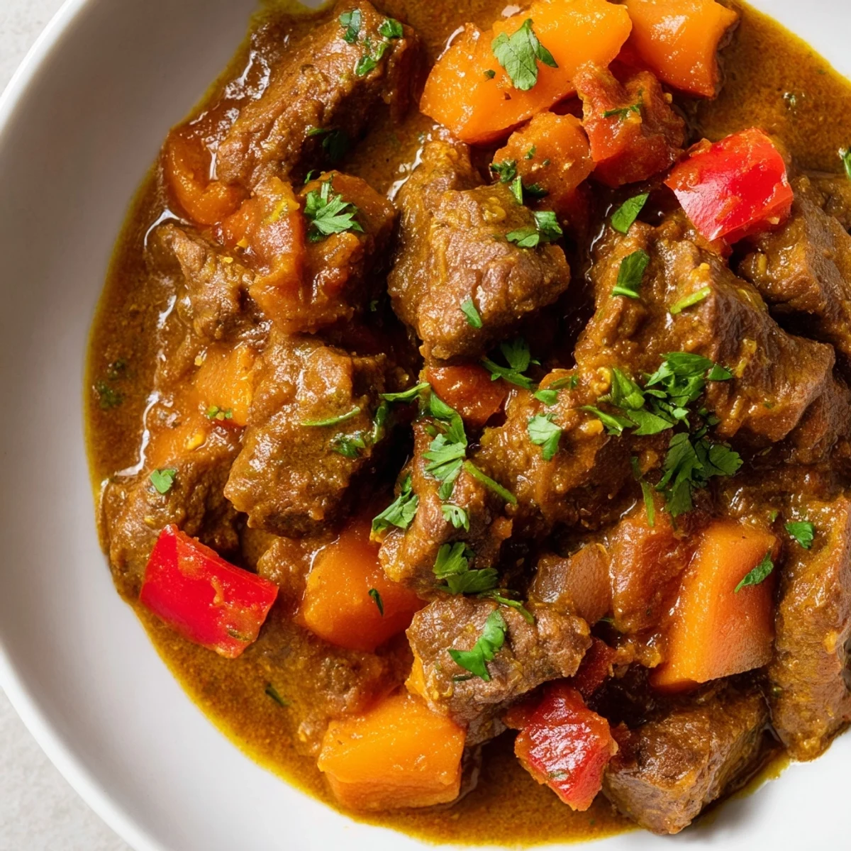 Hearty slow cooker beef curry, served with fluffy white rice and fresh cilantro garnish.