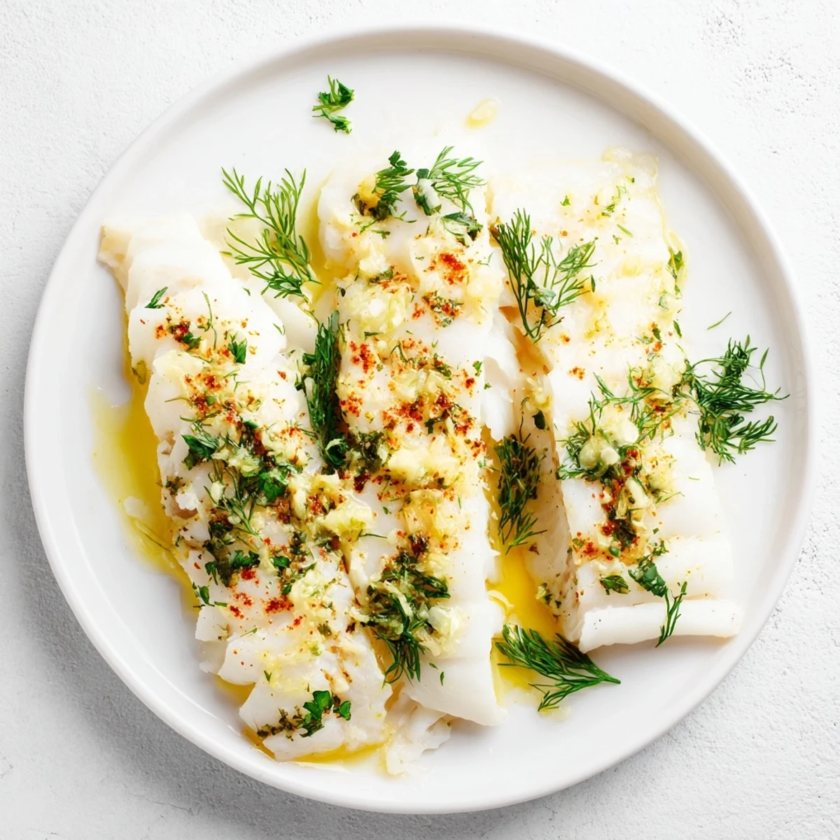 Baked Haddock with Lemon and Herbs is flaky and golden, served with fresh herbs and lemon wedges.